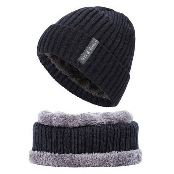 Viworld Winter Beanie Hats Scarf Set Warm Knit Hats Skull Cap Neck Warmer with Thick Fleece Lined Winter Hat & Scarf for Men Women , Black