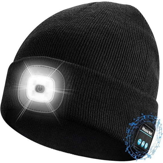Viworld Winter Knitted Beanie Hat, Bluetooth Tech Musical Hat with 4 LED Headlamp for Men Women Teen Outdoor Sports, Black