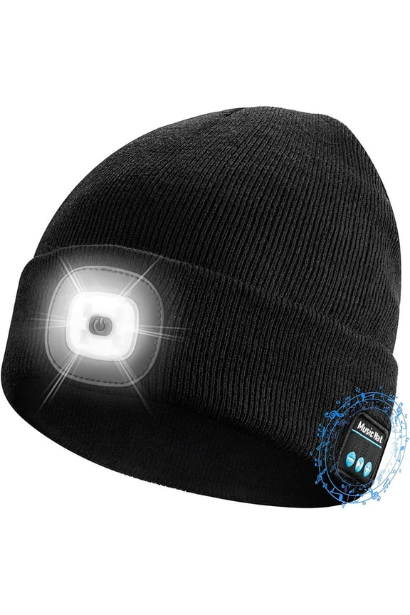 Winter Knitted Beanie Hat, Bluetooth Tech Musical Hat with 4 LED Headlamp for Men Women Teen Outdoor Sports, Black
