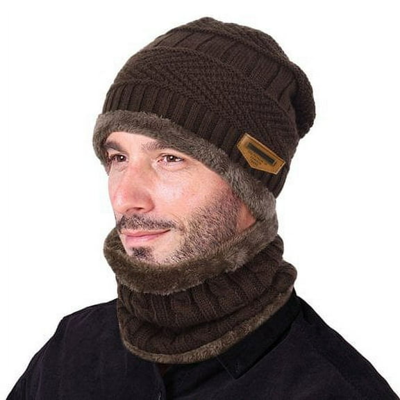 Viworld Winter Knitted Hat & Scarf Set Warm Knit Hat Thick Baggy Slouchy Beanie Hat Skull Cap Neck Warmer with Fleece Lining for Men Women - Brown