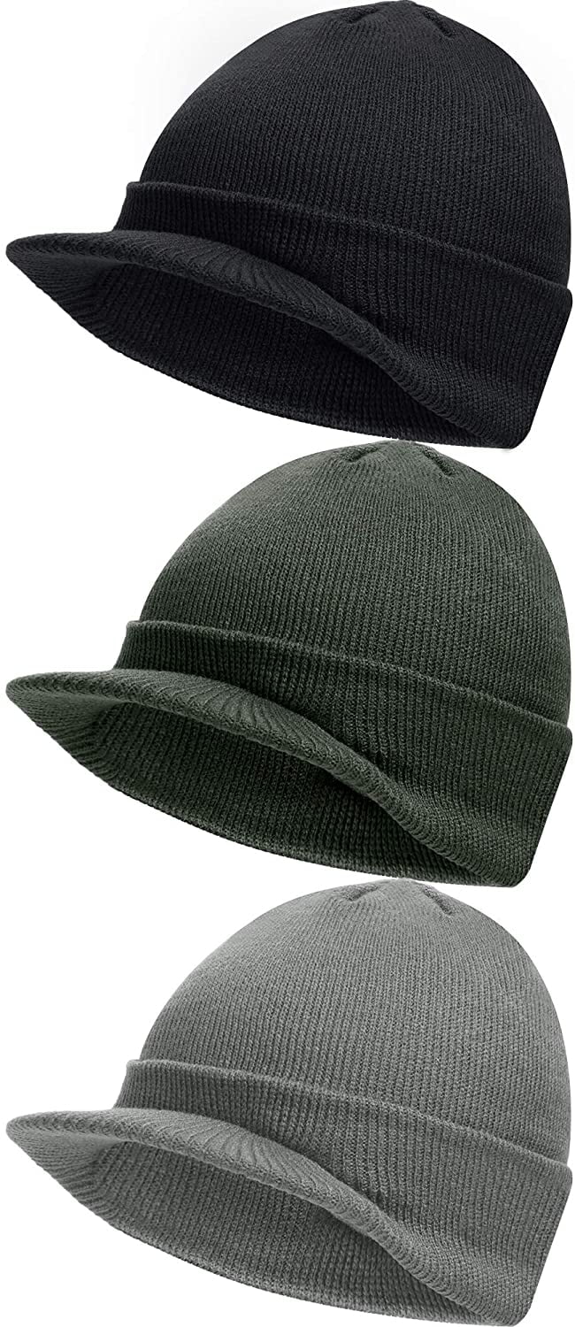 Viworld Winter Men's Knit Cap with Brim Beanie Hat Warm Thick Hat for  Outdoor (Black, Dark Gray)