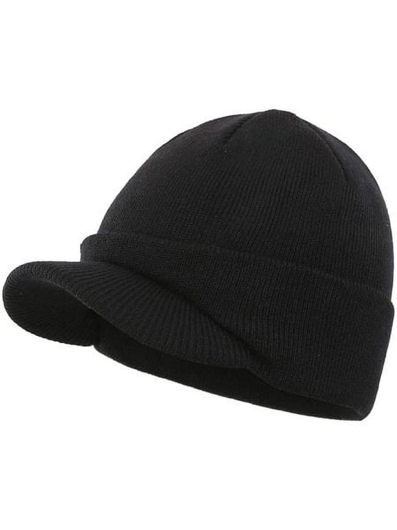 Winter Men's Knit Cap with Brim Beanie Hat Warm Thick Hat for Outdoor