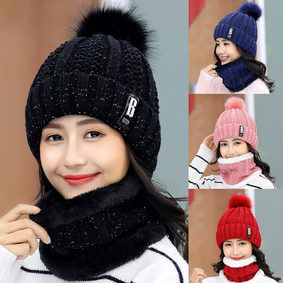 Viworld Winter Women's Thick Knitted Beanie Hat Plush Neck Gaiter Scarf Outdoor Riding Hat+Scarf Set