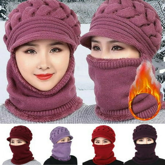 Viworld Women Winter Knitted Windproof Warm Beanie Cap Neck Gaiter Hat Scarf Gift Set-Light Purple
