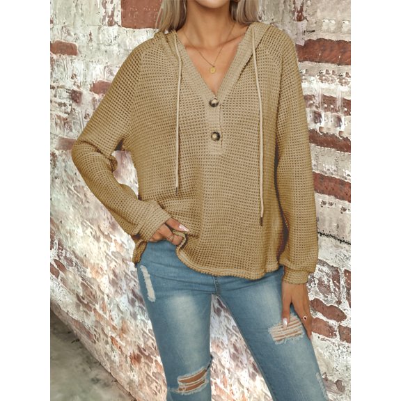 Viworld Women's Hoodies Loose Casual Solid Color Hooded Long Sleeved Sweater V-neck Button Hooded Drawstring Sweatshirt