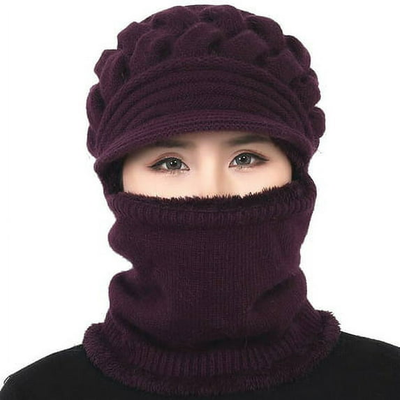 Viworld Womens Bib Beanie Hat Pom Bobble Scarf Mask Set Knitted Winter Warm Snow Ski Cap Dark purple