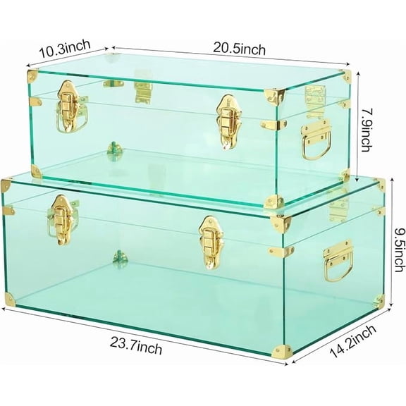 Vixdonos Acrylic Storage Chest Decorative Trunk Set of 2 Large Box College Dorm Organizer with Hardware Hasps and Handle for Home Deocr,23.7X14.2X9.5 Inches,Green