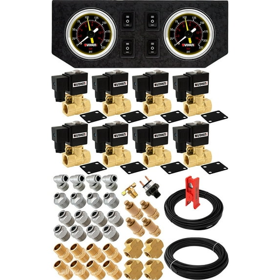 Vixen Air 1/2" NPT Air Ride Suspension High Flow Air Valves/Solenoids 250 PSI Four Corners with Dual Black Gauge, Fittings and Hoses VXK1205GB