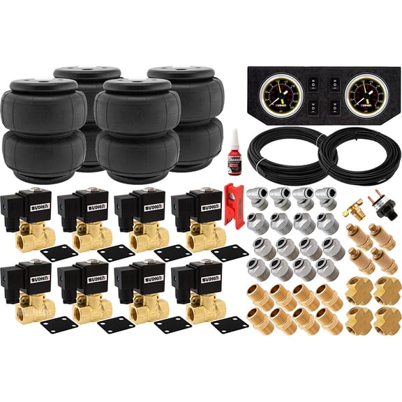 Vixen Air 1/2" NPT Air Ride Suspension High Flow Air Valves with four Air Springs, Pressure Switch, Gauge Dash Panel, Hoses and Fittings VXK1205FB