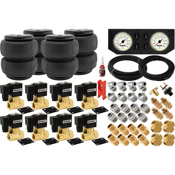 Vixen Air 1/2" NPT Air Ride Suspension High Flow Air Valves with four Air Springs, Pressure Switch, Gauge Dash Panel, Hoses and Fittings VXK1205FW