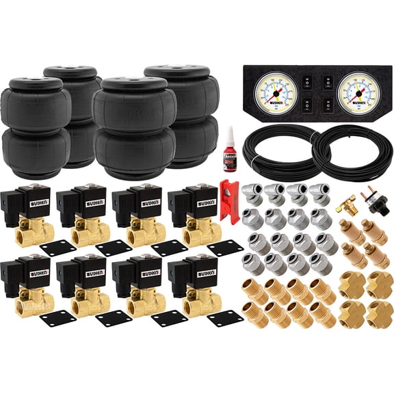 Vixen Air 1/2" NPT Air Ride Suspension High Flow Air Valves with four Air Springs, Pressure Switch, Gauge Dash Panel, Hoses and Fittings VXK1205PW