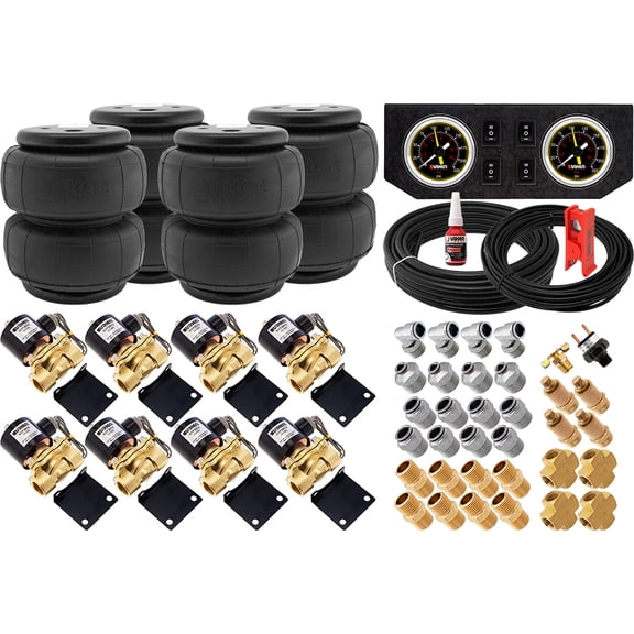 Vixen Air 1/2" NPT Air Ride Suspension High Flow Air Valves with four Air Springs, Pressure Switch, Gauge Dash Panel, Hoses and Fittings VXK1208FB