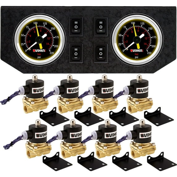 Vixen Air 1/2" NPT Electric Air Valve (Solenoid) 210PSI 12V (8-Pack) with 2 Dual Needle Gauges/4 Switch Dash Panel Kit Black VXF2G2012B