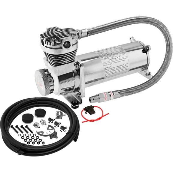 Vixen Air 200 PSI Heavy Duty Suspension/Air Ride/Bag/Train Horn Air Compressor/Pump with 3/8" Stainless Steel Braided Hose, 3/8" NPT Check Valve and Remote Mount Air Filter Kit 12V Chrome VXC480C
