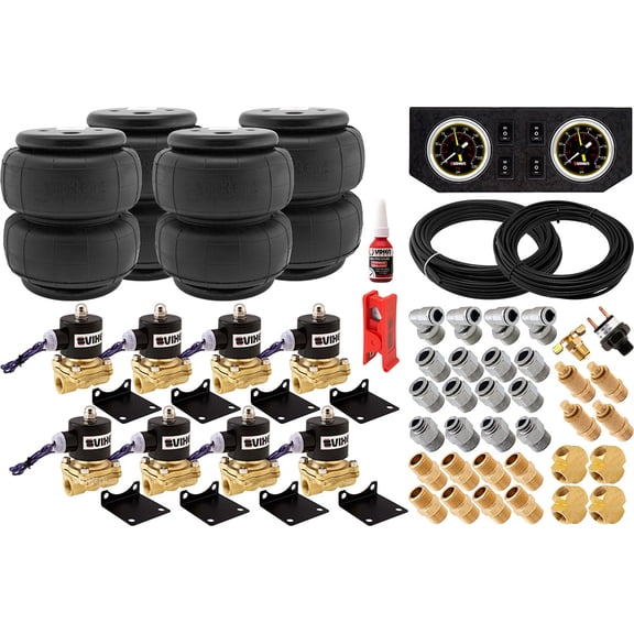 Vixen Air 3/8" NPT Air Ride Suspension High Flow Air Valves with four Air Springs, Pressure Switch, Gauge Dash Panel, Hoses and Fittings VXK3804FB
