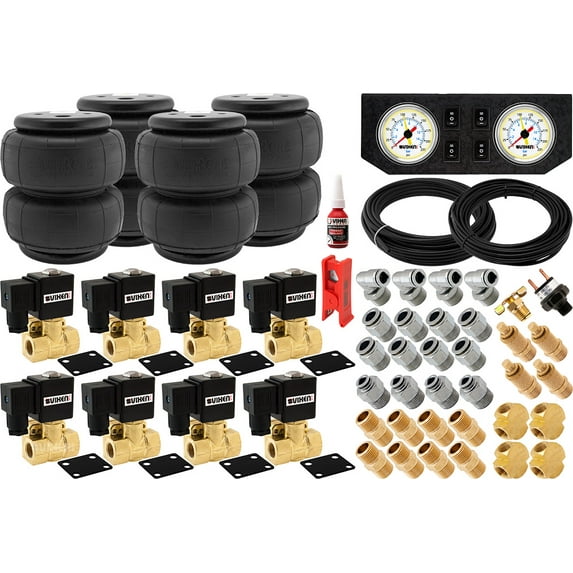 Vixen Air 3/8" NPT Air Ride Suspension High Flow Air Valves with four Air Springs, Pressure Switch, Gauge Dash Panel, Hoses and Fittings VXK3805FW