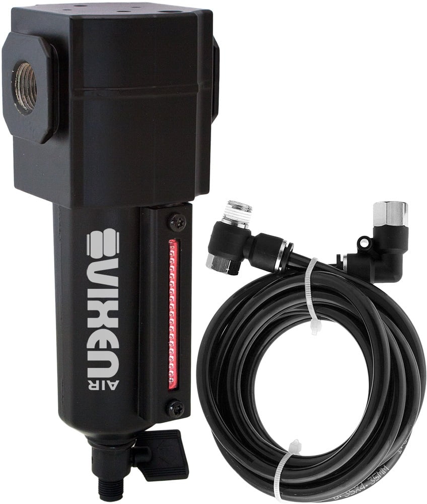 Vixen Air 3/8" NPT Aluminum Air Filter/Water Trap/Separator for Air Ride/Suspension/Air Tools w/Remote Drain Kit Black VXF3938BR