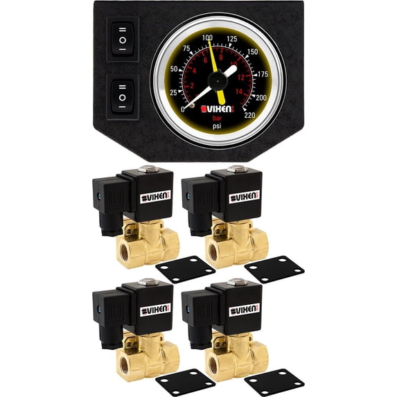 Vixen Air 3/8" NPT Electric Air Valve (Solenoid) 250PSI 12V (4-Pack) with 1 Dual Needle Gauge/2 Switch Dash Panel Kit Black VXF1G4038B