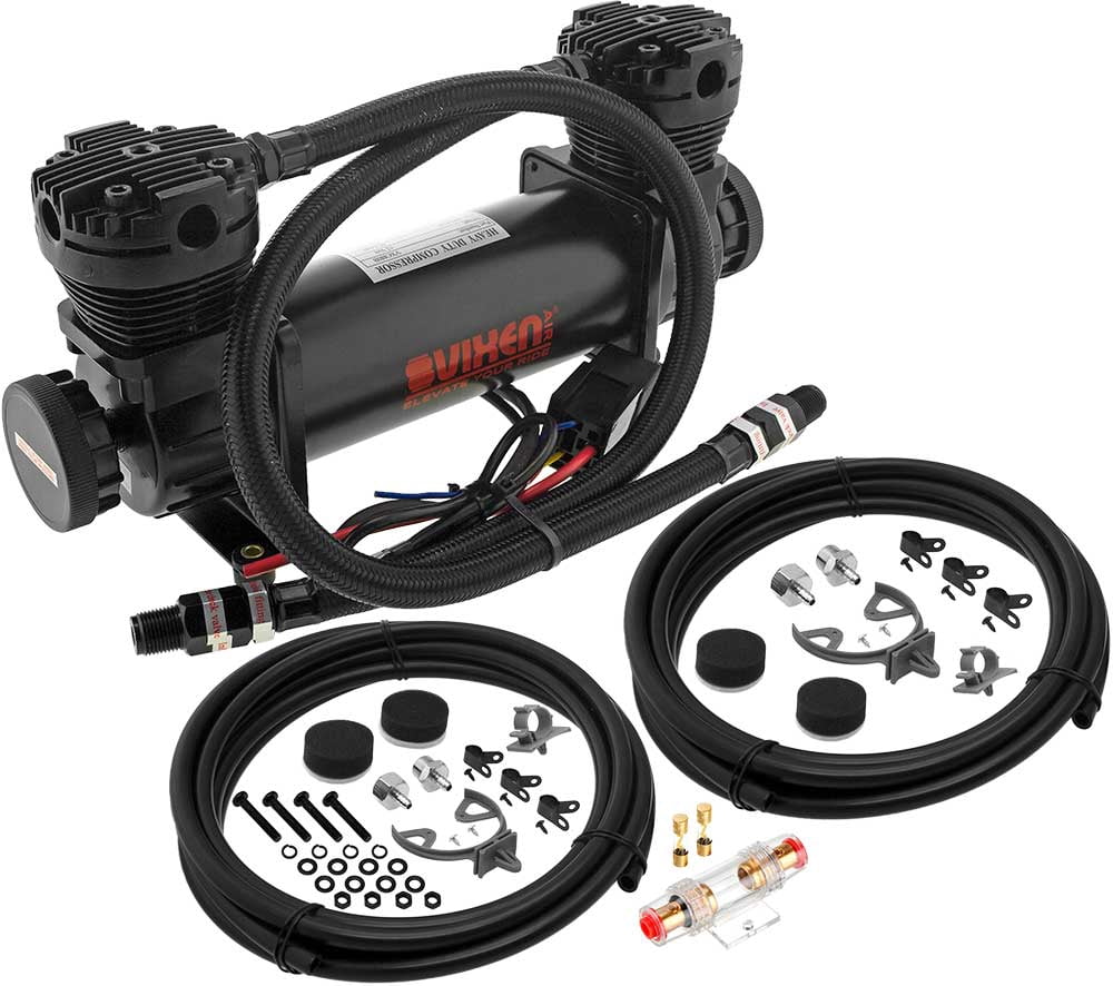 Vixen Air 300 PSI Dual Cylinder Heavy Duty Suspension/Bag/Train Horn Air Compressor with 3/8" NPT Stainless Steel Braided Hoses and 3/8" NPT Check Valves 12V Black VXC880B