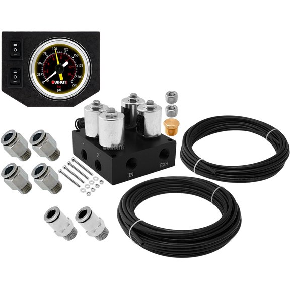 Vixen Air 4 Valve Suspension Manifold with One Dual Needle Black Gauge Panel, 3/8" OD Hose 50 FT, 1/4" OD Hose 35 FT and Fittings VXF2CM01B