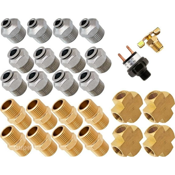 Vixen Air Set of Fittings for Eight 1/2" NPT Air Valves using 3/8" and 1/4" OD Air Lines, Pressure Switch Included VXK1202