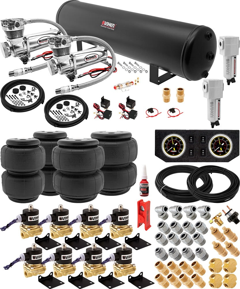 Vixen Air Suspension Kit for Truck/Car/Air Ride. On Board System - Two 200 PSI Compressors, 5 Gallon Tank, Four Air Bags/Springs. For Towing, Leveling, Heavy Loads, Boat Lift. VXX3804PB/4852DCF