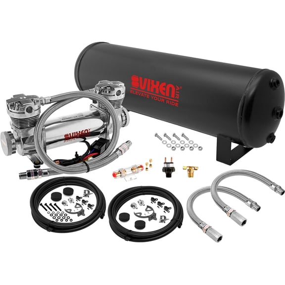 Vixen Air Suspension Kit for Truck/Car Bag/Air Ride/Spring. On Board System- 300psi Dual Cylinder Compressor, 4 Gallon Tank. For Boat Lift,Towing,Lowering,Load Leveling,Onboard Train Horn VXO8841DC