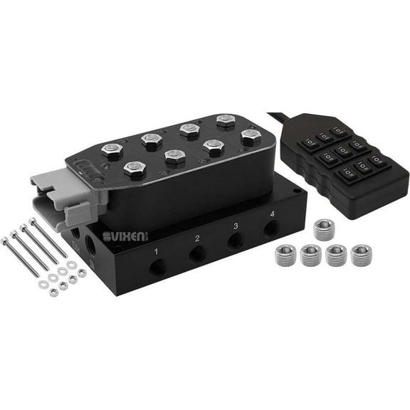 Vixen Air Suspension Valve Manifold 1/4" NPT Kit, with 8 Air Ride Solenoid Valves, 9-Switch Wired Remote Controller. Inflates and deflates up to 4 Air Bags, Springs VXF4CM14B