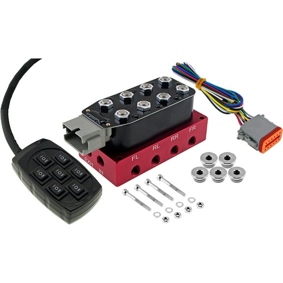 Vixen Air Suspension Valve Manifold 1/4" NPT Kit (Red), with 8 Air Ride Solenoid Valves, 7-Switch Wired Remote Controller. Inflates and deflates up to 4 Air Bags, Springs VXF4CM14BPRO