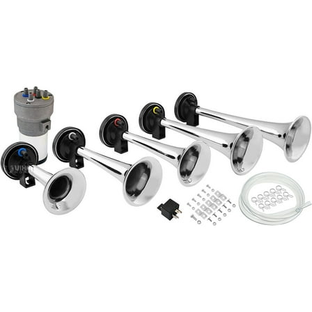 Vixen Horns LOUD 5/Five Trumpet Dixie Musical/Music Sound Air Horn with Compressor Full Complete System/Kit Chrome 12V VXH6801C