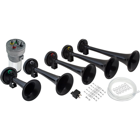 Vixen Horns LOUD 5/Five Trumpet La Cucaracha Musical/Music Sound Air Horn with Compressor Full Complete System/Kit Black 12V VXH6803B