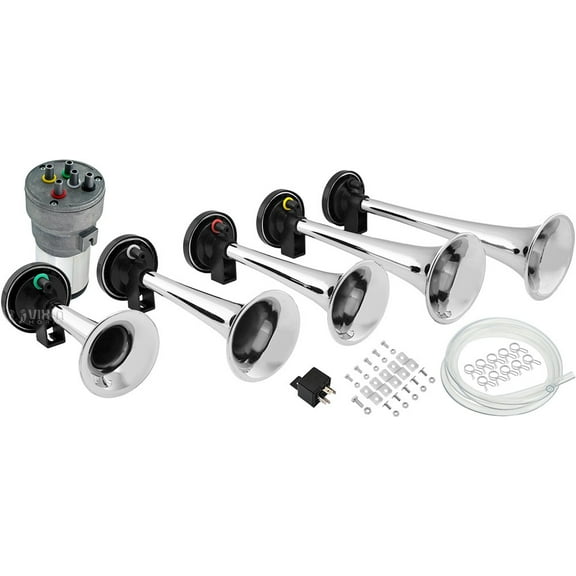 Vixen Horns LOUD 5/Five Trumpet La Cucaracha Musical/Music Sound Air Horn with Compressor Full Complete System/Kit Chrome 12V VXH6803C