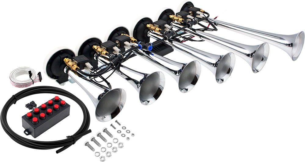 Vixen Horns Loud 6 Trumpet Musical Air Horn with 10 Tunes Chrome Plated 12V VXH6810C