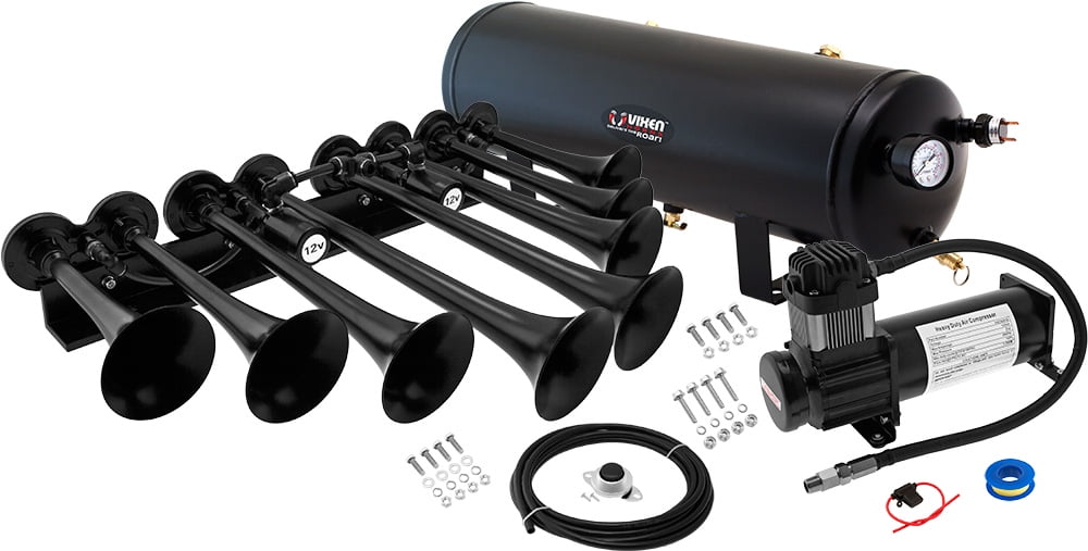 Vixen Horns Train Horn Kit For Truck, Car, Or Semi – Loud System With 2.5 Gallon Air Tank, 200 PSI, 4 Trumpets, Silver
