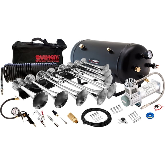 Vixen Horns Octopod Train Horn Kit for Trucks/Cars with Tire Inflation Kit. Complete Onboard System- 200psi Air Compressor, 5 Gallon Tank, 8 Trumpets. Super Loud dB. VXO8358CI
