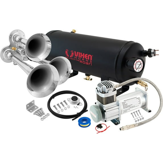 Vixen Horns Train Horn Kit for Trucks/Car/Semi. Complete Onboard System- 150psi Air Compressor, 1.5 Gallon Tank, 3 Trumpets. Super Loud dB. Fits Vehicles like Pickup/Jeep/RV/SUV 12v VXO8115/3114