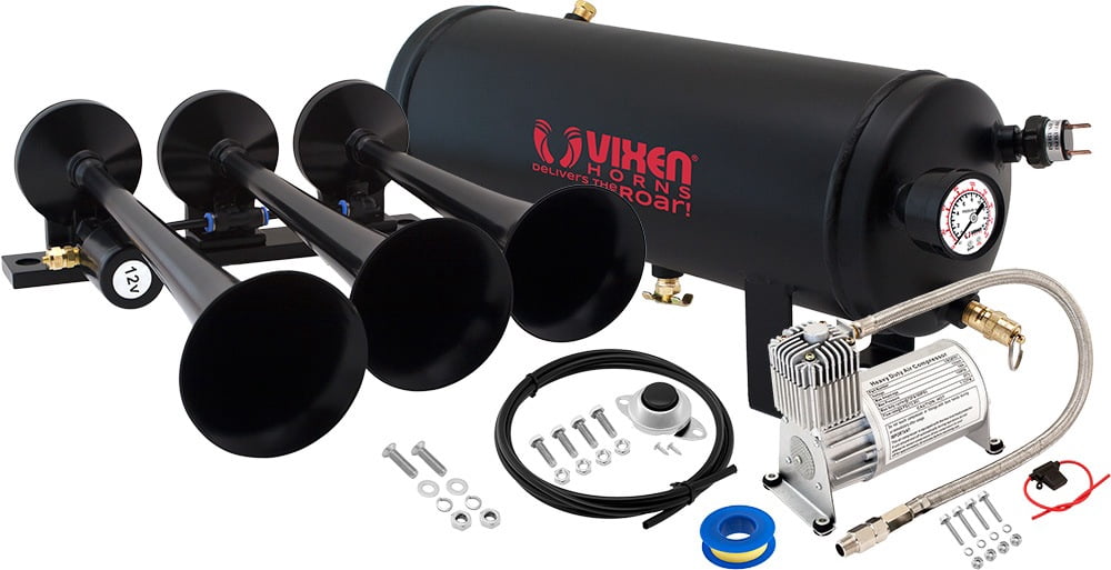 Vixen Horns Loud 3/Triple Trumpet Train Air Horn with One Compressor Full Complete System/Kit Chrome 12V VXH2411C