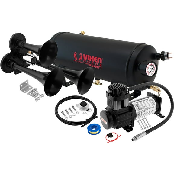 Vixen Horns Train Horn Kit for Trucks/Car/Semi. Complete Onboard System- 150psi Air Compressor, 1.5 Gallon Tank, 3 Trumpets. Super Loud dB. Fits Vehicles like Pickup/Jeep/RV/SUV 12v VXO8115B/3311B