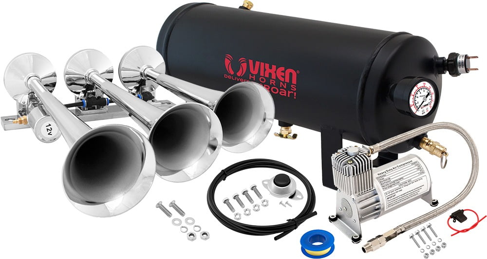 Vixen Horns Train Horn Kit For Trucks/Car/Semi. Complete Onboard System 150psi Air Compressor 1 5 Gallon Tank 3 Trumpets Super Loud Db Fits Vehicles Like Pickup Jeep Rv Suv 12v Vxo8530 3118