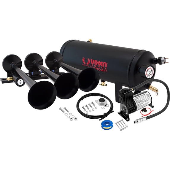 Vixen Horns Train Horn Kit for Trucks/Car/Semi. Complete Onboard System- 150psi Air Compressor, 1.5 Gallon Tank, 3 Trumpets. Super Loud dB. Fits Vehicles like Pickup/Jeep/RV/SUV 12v VXO8715B/3118B