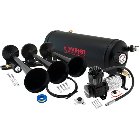 Vixen Horns Train Horn Kit for Trucks/Car/Semi. Complete Onboard System- 150psi Air Compressor, 1.5 Gallon Tank, 3 Trumpets. Super Loud dB. Fits Vehicles like Pickup/Jeep/RV/SUV 12v VXO8115B/3118B