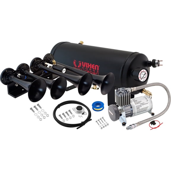 Vixen Horns Train Horn Kit for Trucks/Car/Semi. Complete Onboard System- 150psi Air Compressor, 1.5 Gallon Tank, 4 Trumpets. Super Loud dB. Fits Vehicles like Pickup/Jeep/RV/SUV 12v VXO8815/4124B