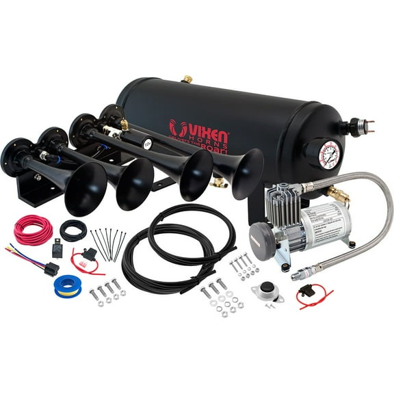 Vixen Horns Train Horn Kit for Trucks/Car/Semi. Complete Onboard System- 150psi Air Compressor, 1.5 Gallon Tank, 4 Trumpets. Super Loud dB. Fits Vehicles like Pickup/Jeep/RV/SUV 12v VXPRO8524B