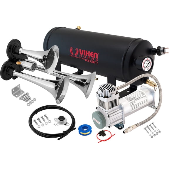 Vixen Horns Train Horn Kit for Trucks/Car/Semi. Complete Onboard System- 200psi Air Compressor, 1.5 Gallon Tank, 3 Trumpets. Super Loud dB. Fits Vehicles like Pickup/Jeep/RV/SUV 12v VXO8315/3311C