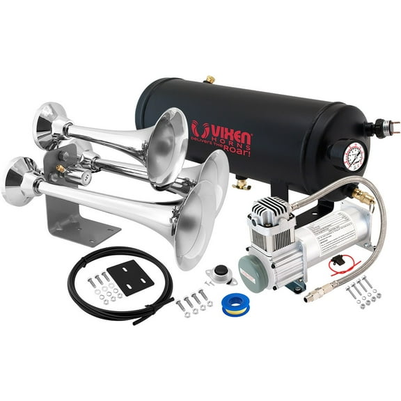 Vixen Horns Train Horn Kit for Trucks/Car/Semi. Complete Onboard System- 200psi Air Compressor, 1.5 Gallon Tank, 3 Trumpets. Super Loud dB. Fits Vehicles like Pickup/Jeep/RV/SUV 12v VXO8315/3318