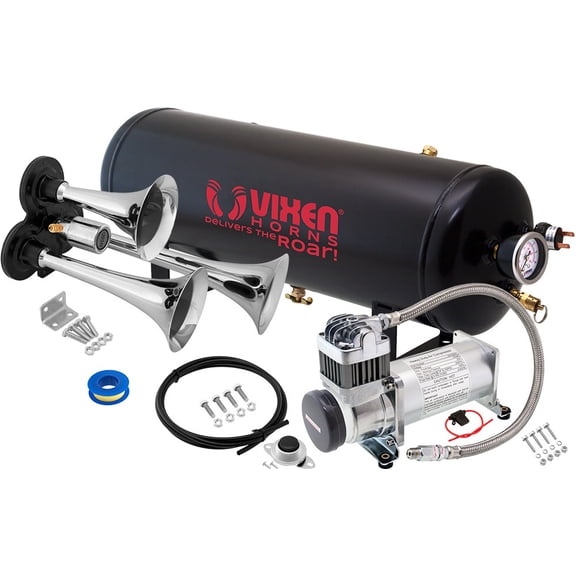 Vixen Horns Train Horn Kit for Trucks/Car/Semi. Complete Onboard System- 200psi Air Compressor, 2.5 Gallon Tank, 3 Trumpets. Super Loud dB. Fits Vehicles like Pickup/Jeep/RV/SUV 12v VXO8325/3311C
