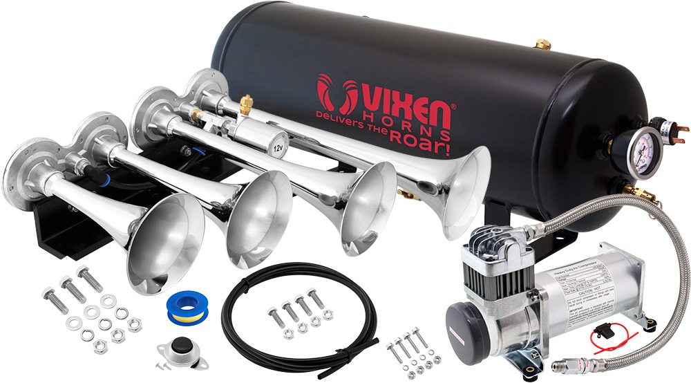 Vixen Horns Train Horn Kit for Trucks/Car/Semi. Complete Onboard System- 200psi  Air Compressor, 2.5 Gallon Tank, Trumpets. Super Loud dB. Fits Vehicles  like Pickup/Jeep/RV/SUV 12v VXO8325/4124C