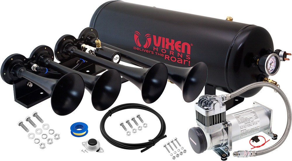Vixen Horns Train Horn Kit for Trucks/Car/Semi. Complete Onboard System- 200psi Air Compressor, 2.5 Gallon Tank, 4 Trumpets. Super Loud dB. Fits Vehicles like Pickup/Jeep/RV/SUV 12v VXO8325/4124B