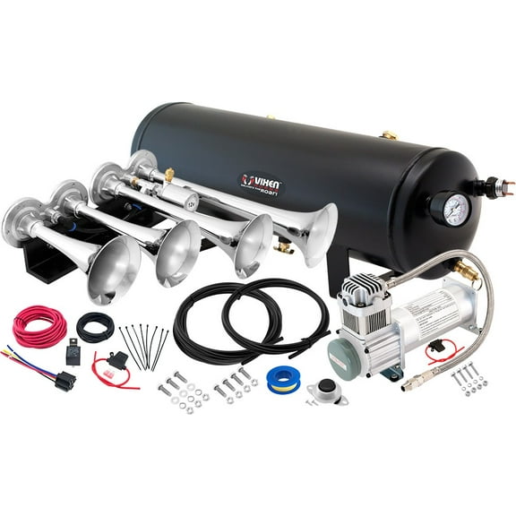 Vixen Horns Train Horn Kit for Trucks/Car/Semi. Complete Onboard System- 200psi Air Compressor, 3 Gallon Tank, 4 Trumpets. Super Loud dB. Fits Vehicles like Pickup/Jeep/RV/SUV 12v VXPRO8324C