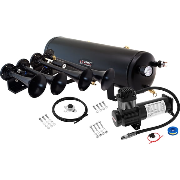Vixen Horns Train Horn Kit for Trucks/Car/Semi. Complete Onboard System- 200psi Air Compressor, 3 Gallon Tank, 4 Trumpets. Super Loud dB. Fits Vehicles like Pickup/Jeep/RV/SUV 12v VXO8330B/4124B